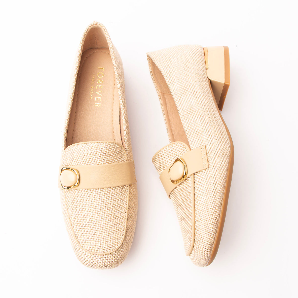Beige woven loafers for women with a cushioned footbed