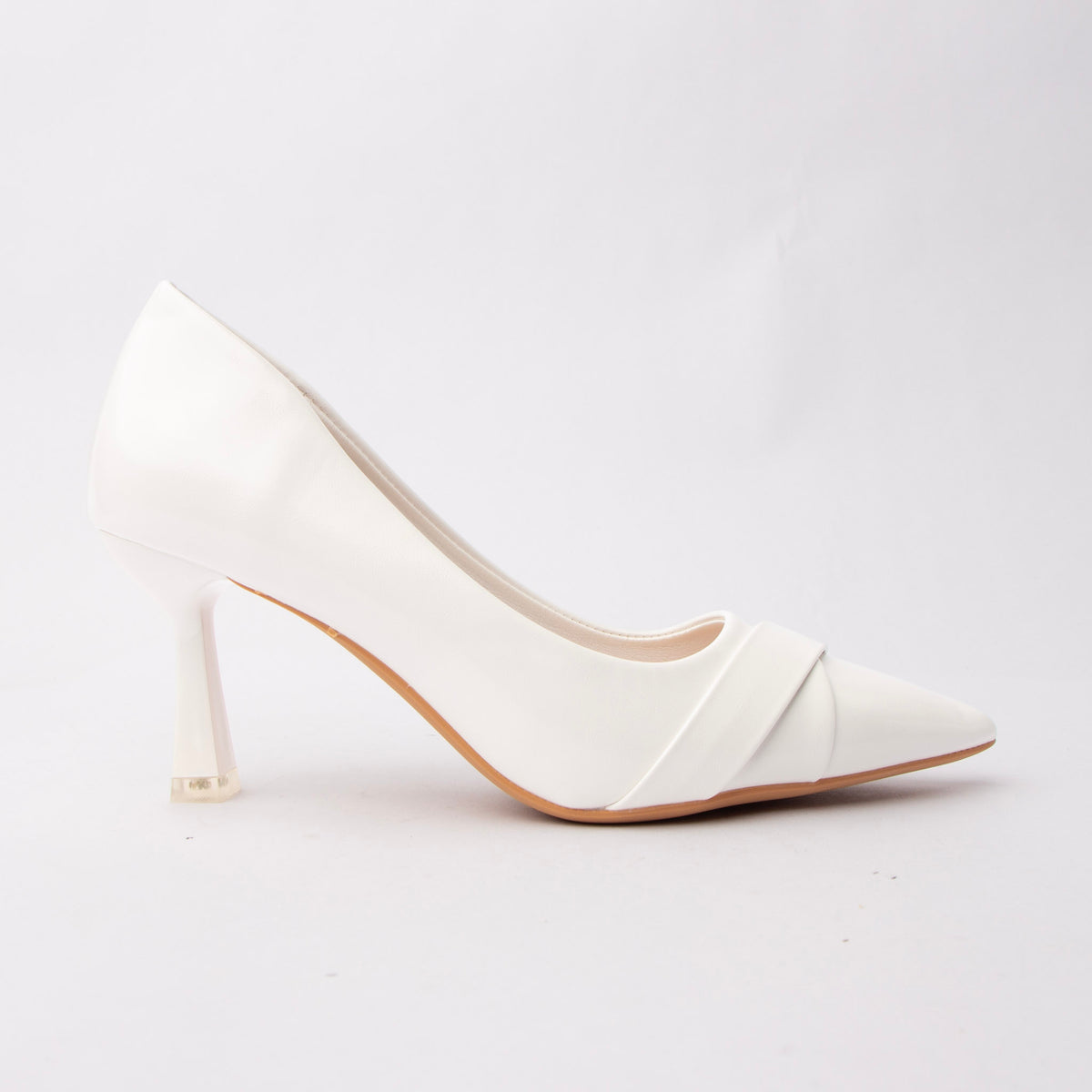 White folded strap pumps for women, a clean bright-white court in smooth faux leather, its toe box wrapped by two broad self-colour bands folded and crossed into a shallow V, on a slender flared hourglass heel tipped in pale silver