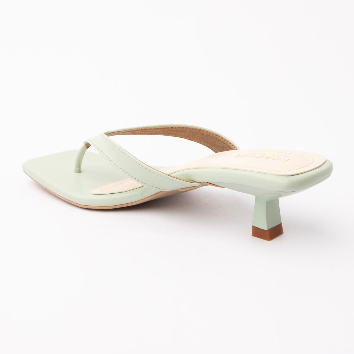 Green toe-post kitten heel mules for women, back view showing the heel