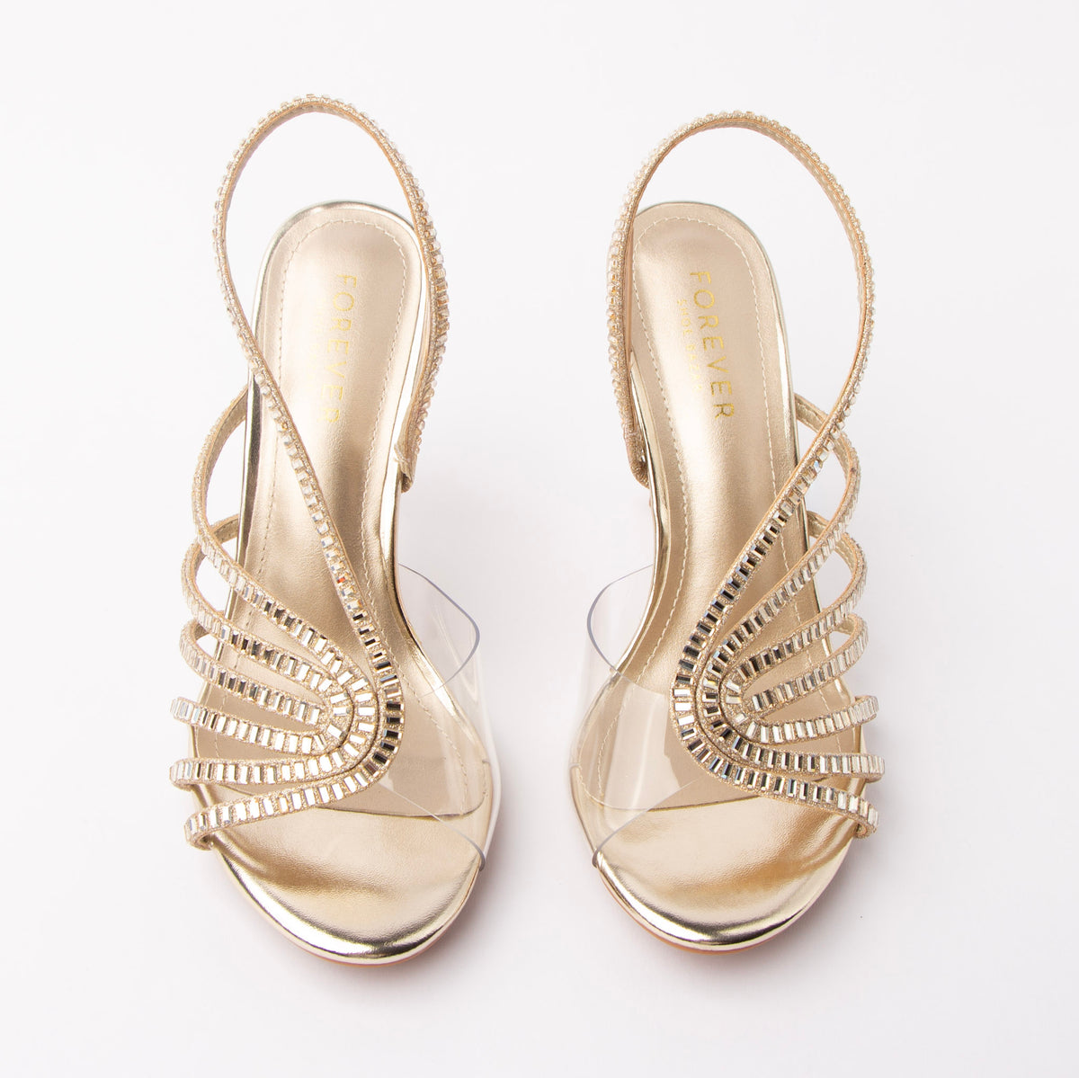 Gold sandals for women, both shoes from the front