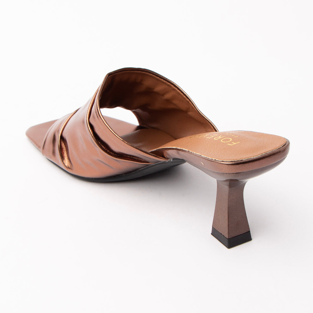 Bronze metallic mules for women, back view showing the heel