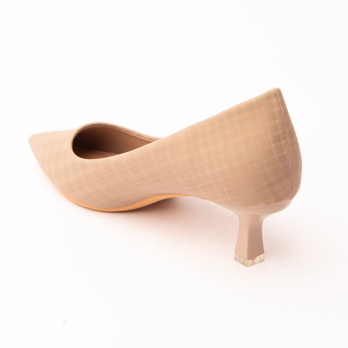 Beige check print kitten heels for women, back view showing the heel