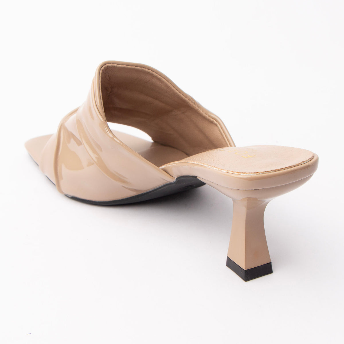 Khaki patent mules for women, back view showing the heel