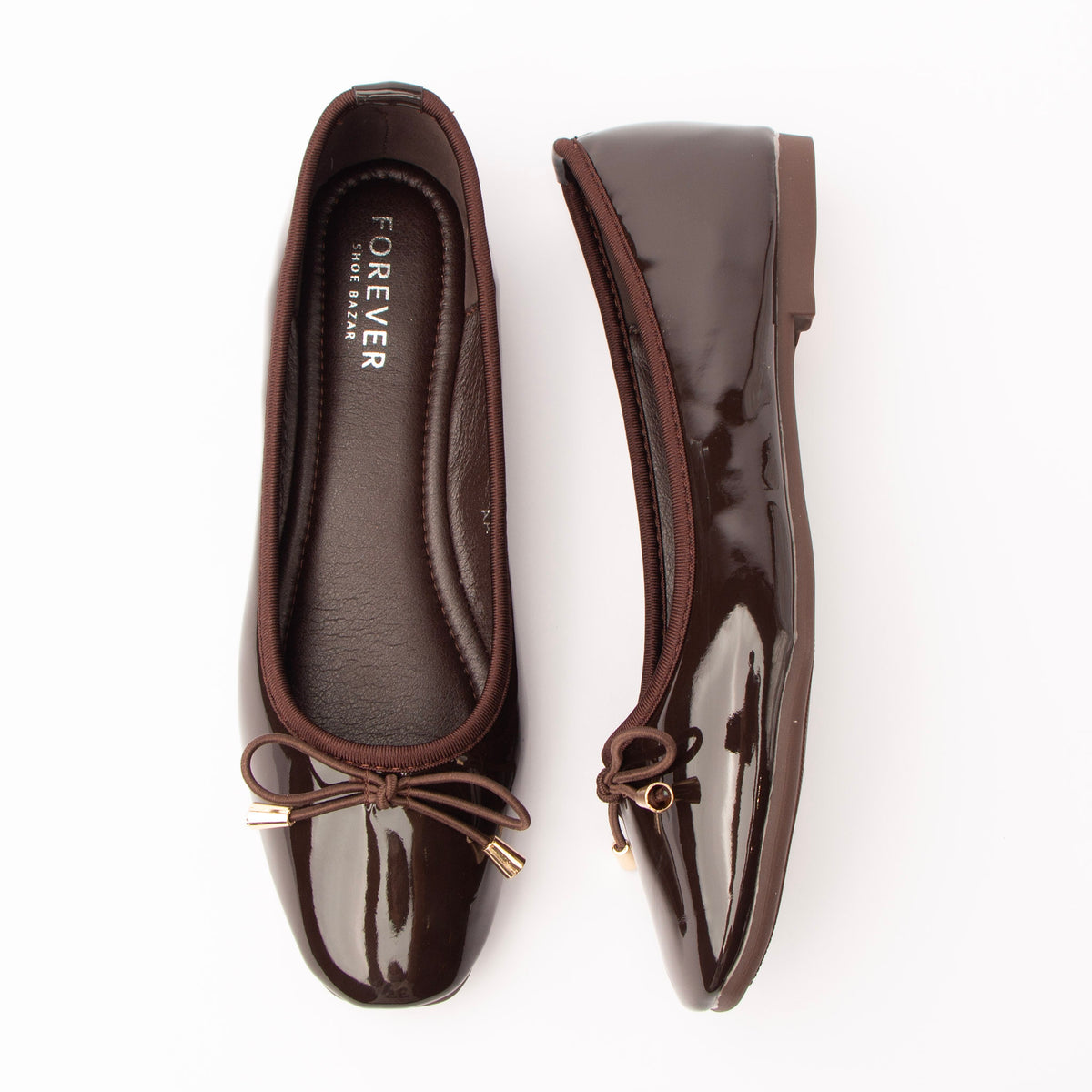 Brown patent ballerina flats for women with a cushioned footbed