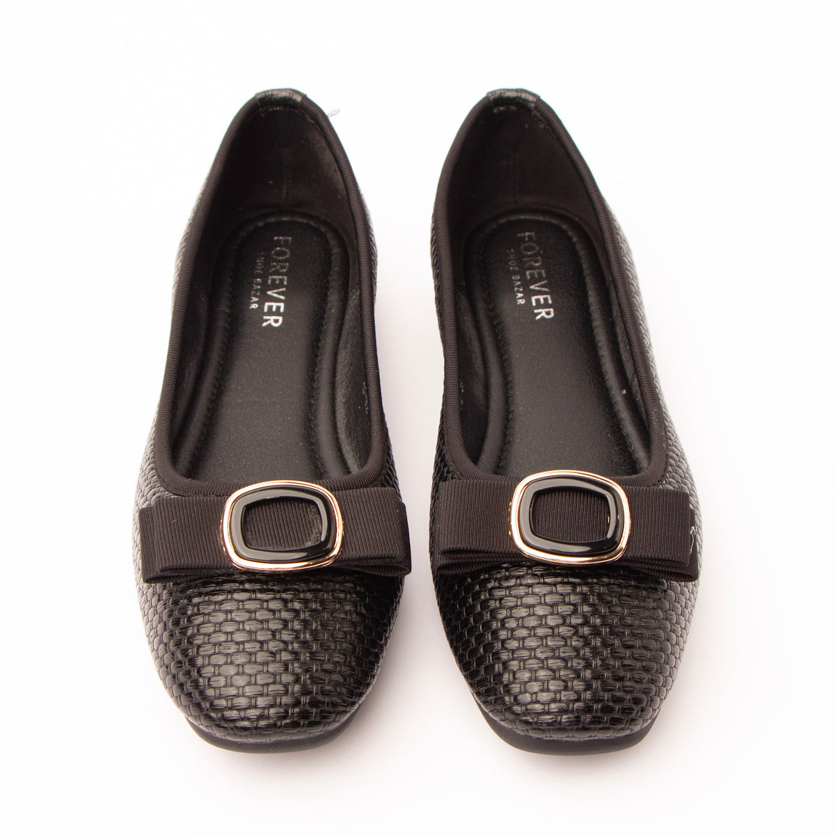Black woven ballerina flats styled for everyday wear