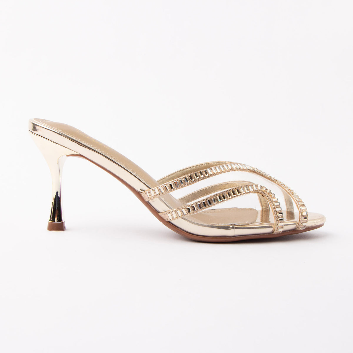 Gold mules for women, side view