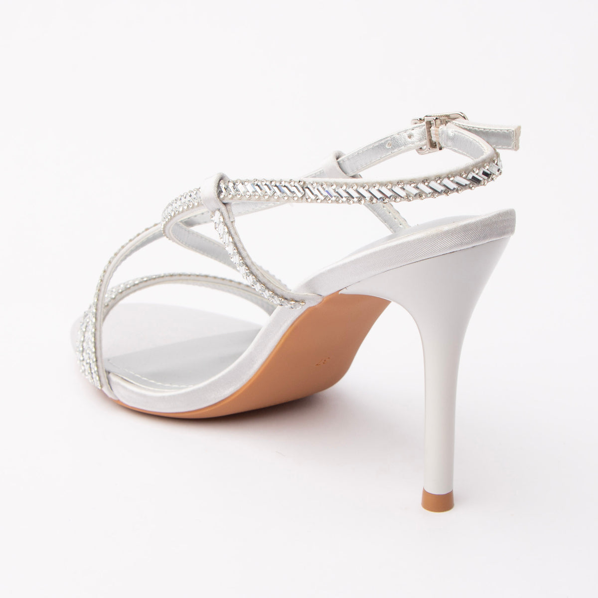 Silver sandals for women, back view showing the heel
