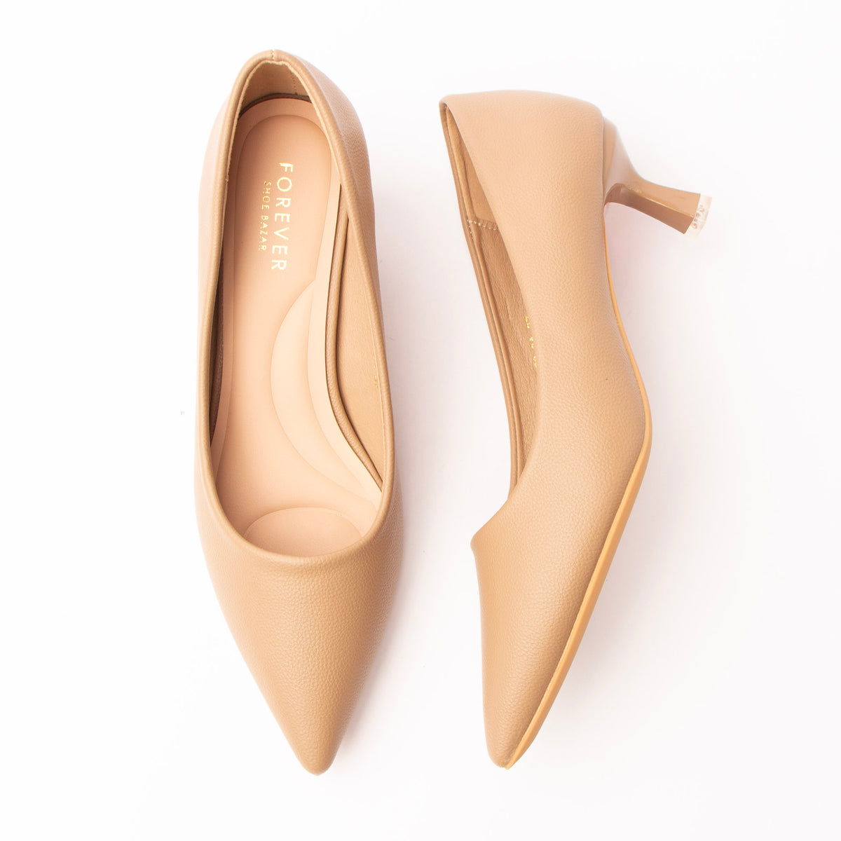 Khaki pointed kitten heels for women with a cushioned footbed