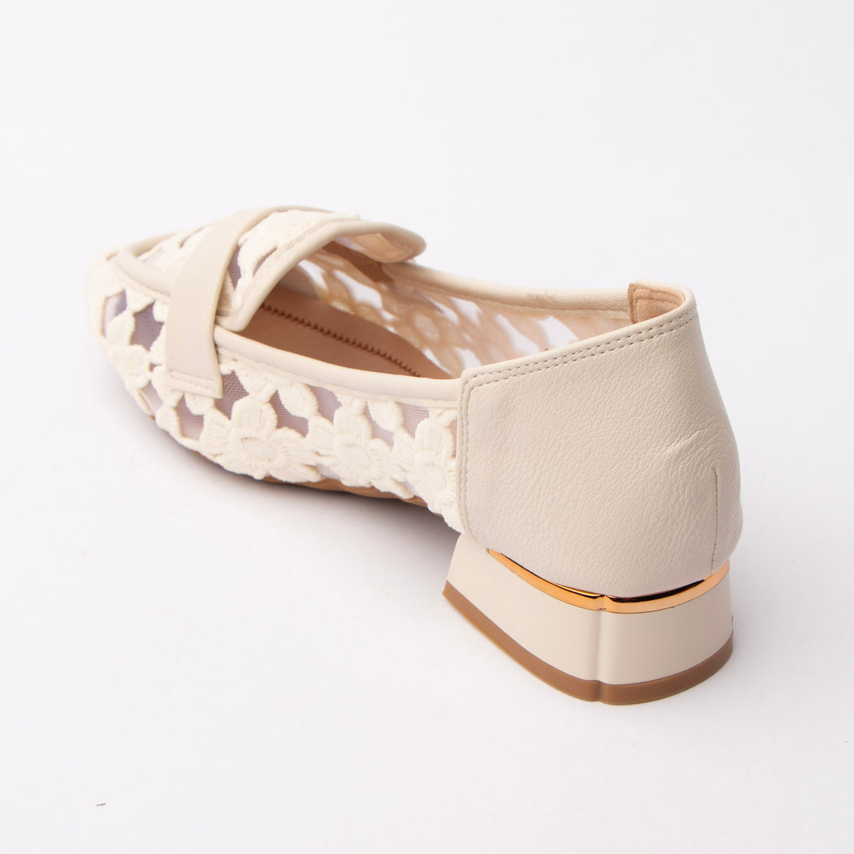 Beige lace loafers for women, back view showing the heel