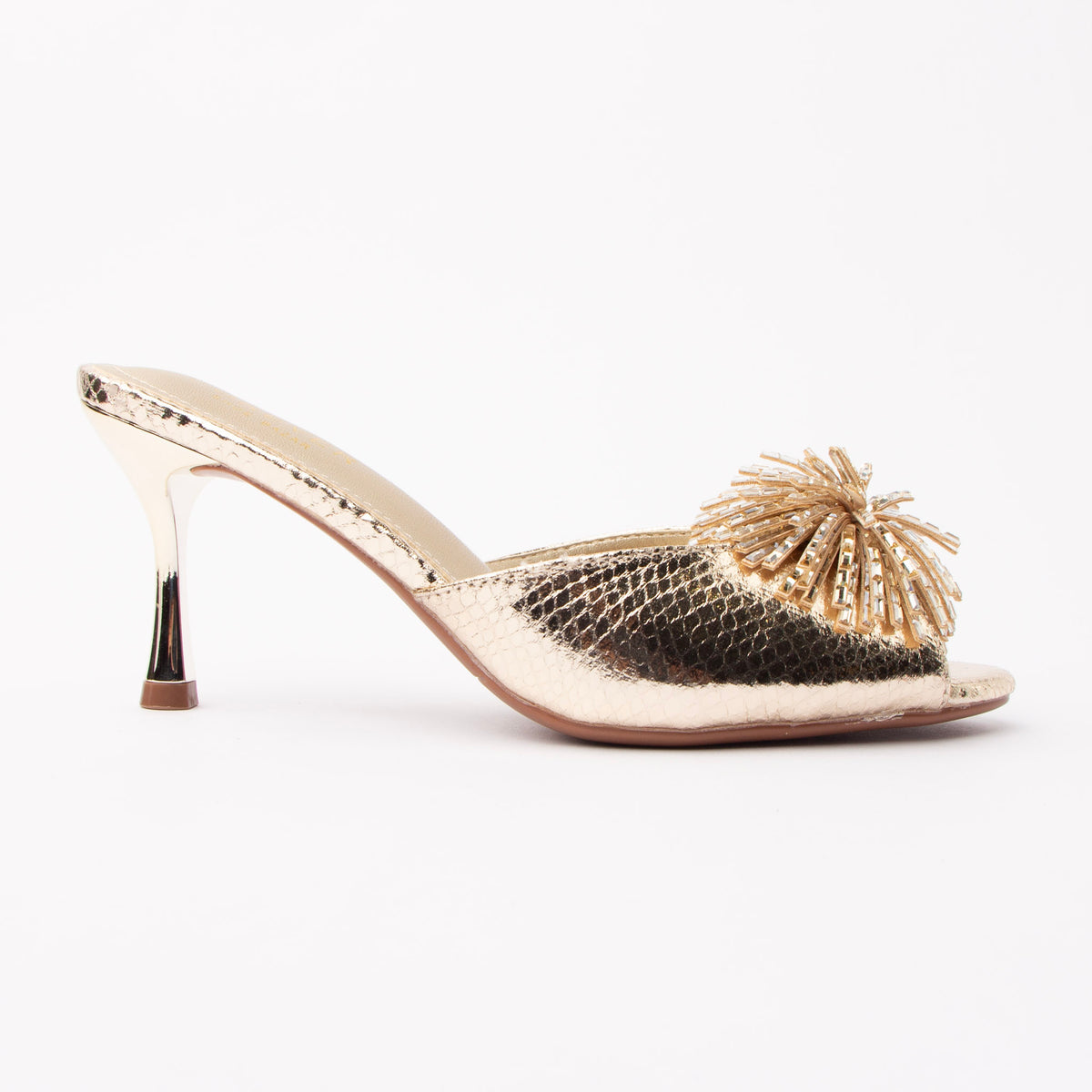 Gold mules for women, side view
