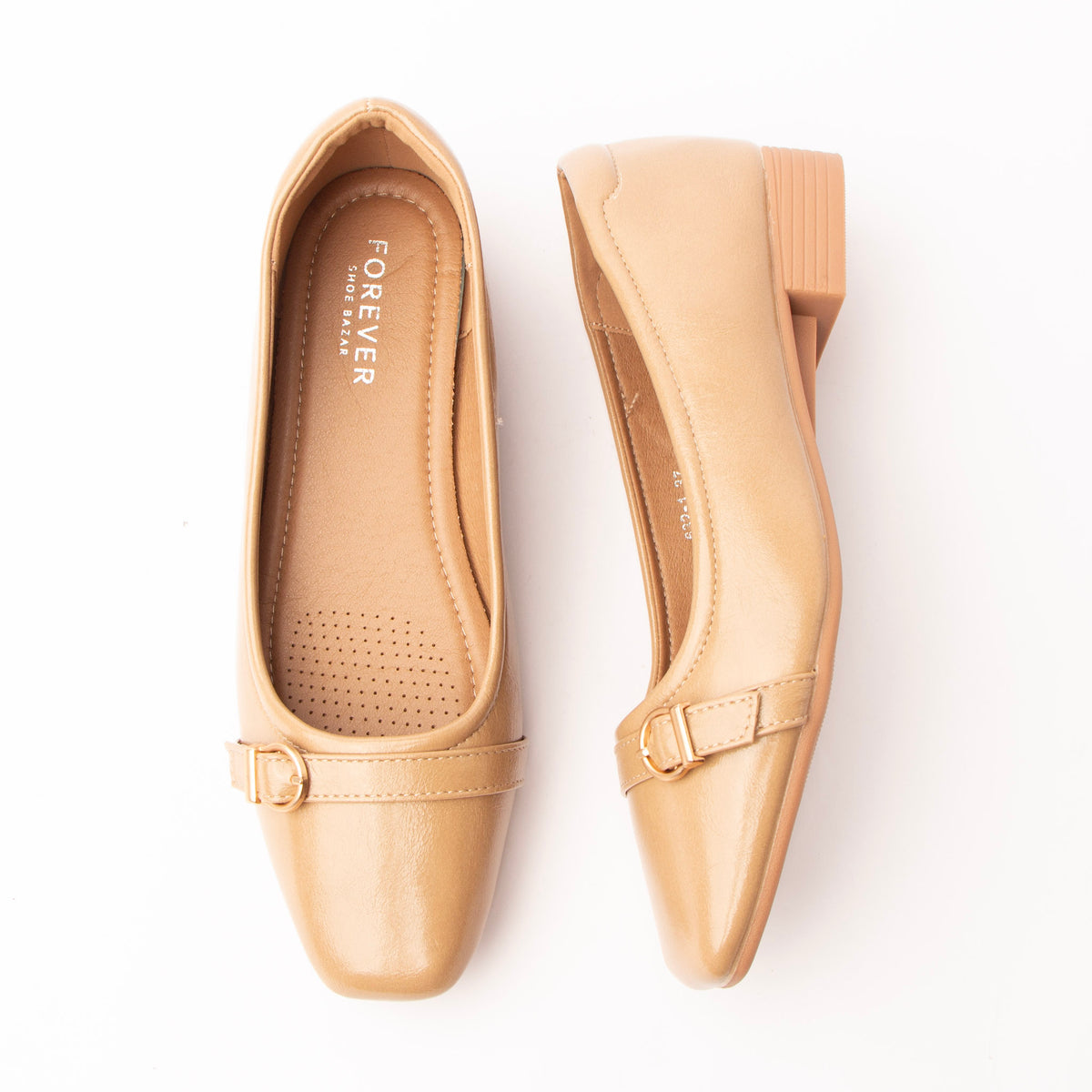 Khaki buckle ballerinas styled for everyday wear