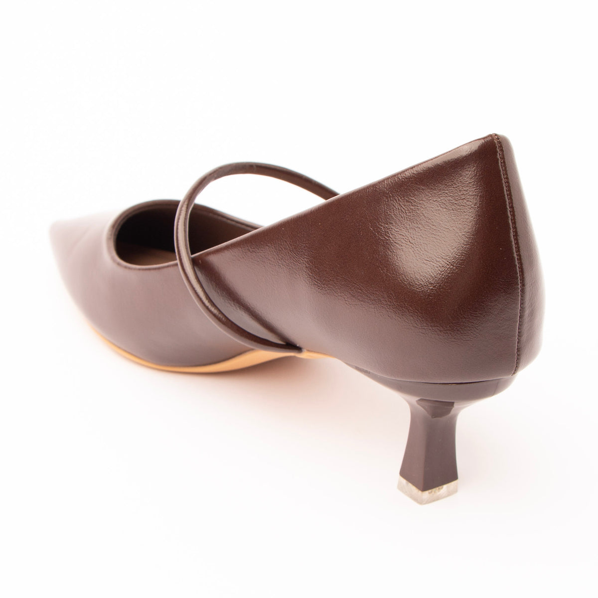 Brown mary jane kitten heels for women, back view showing the heel