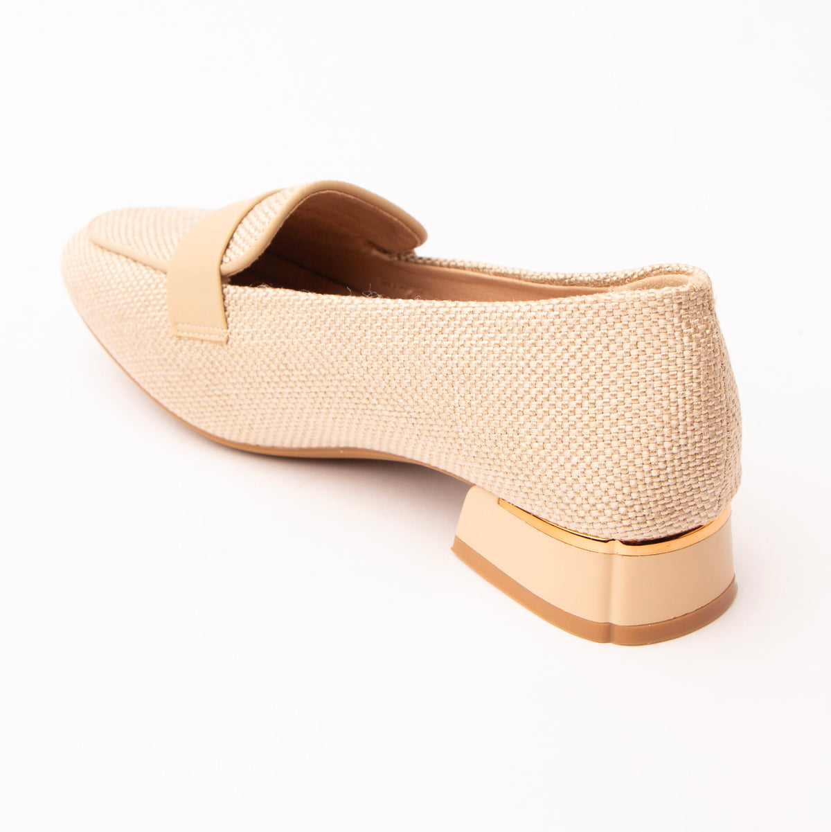 Beige woven loafers for women, back view showing the heel