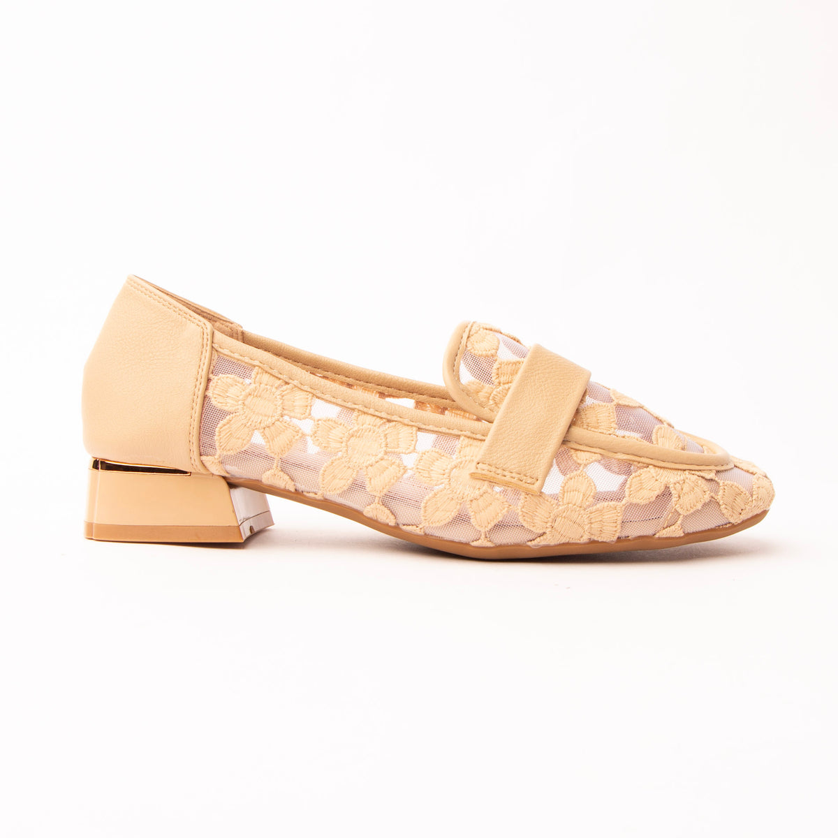 Khaki lace loafers for women, warm sand floral guipure lace embroidered onto pale sheer mesh, banded across the vamp with smooth camel leather and bound in matching leather round the apron seam, on a low block heel ringed in gold over a blush-nude footbed