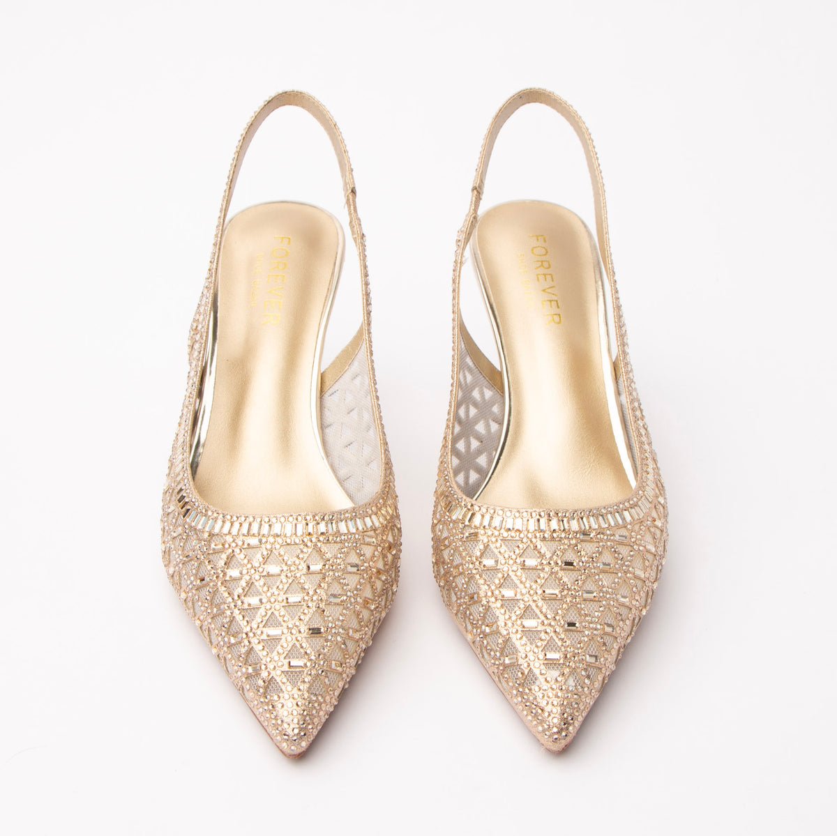 Gold pumps for women, both shoes from the front