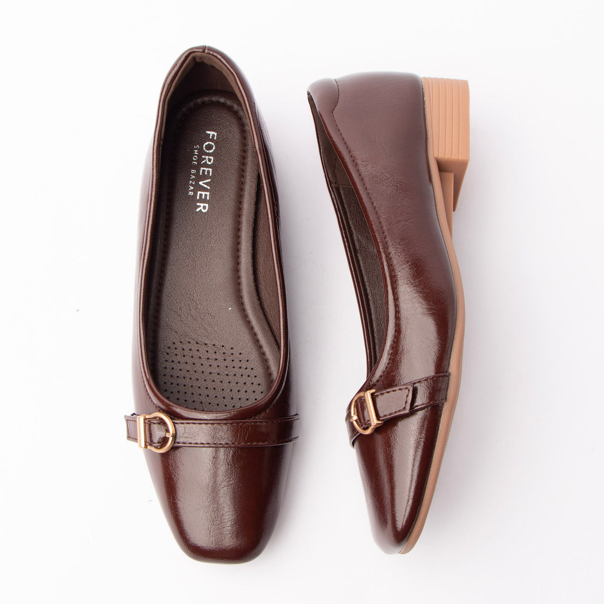Brown buckle ballerinas for women with a cushioned footbed