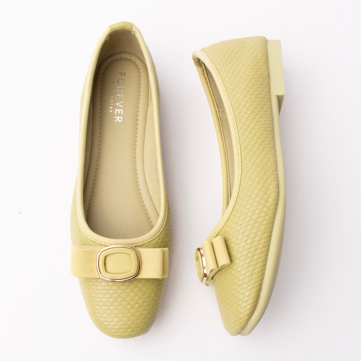 Green woven ballerina flats for women with a cushioned footbed