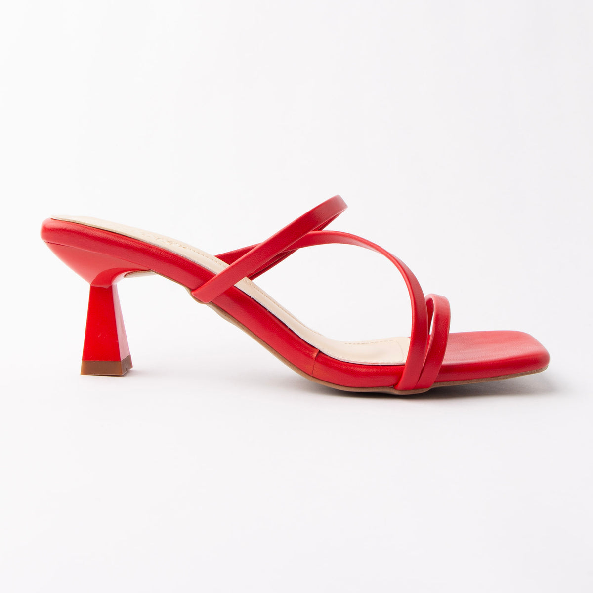 Red mules for women, side view