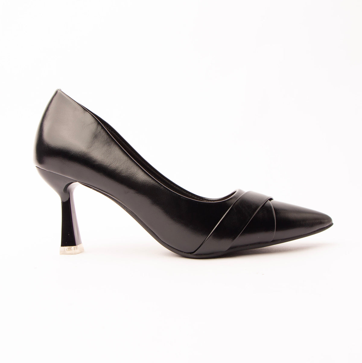 Black folded strap pumps for women, a high-shine black court whose toe box is wrapped by two broad self-colour bands folded across one another into a shallow V that catches the light along each fold, on a slender flared hourglass heel tipped in pale silver