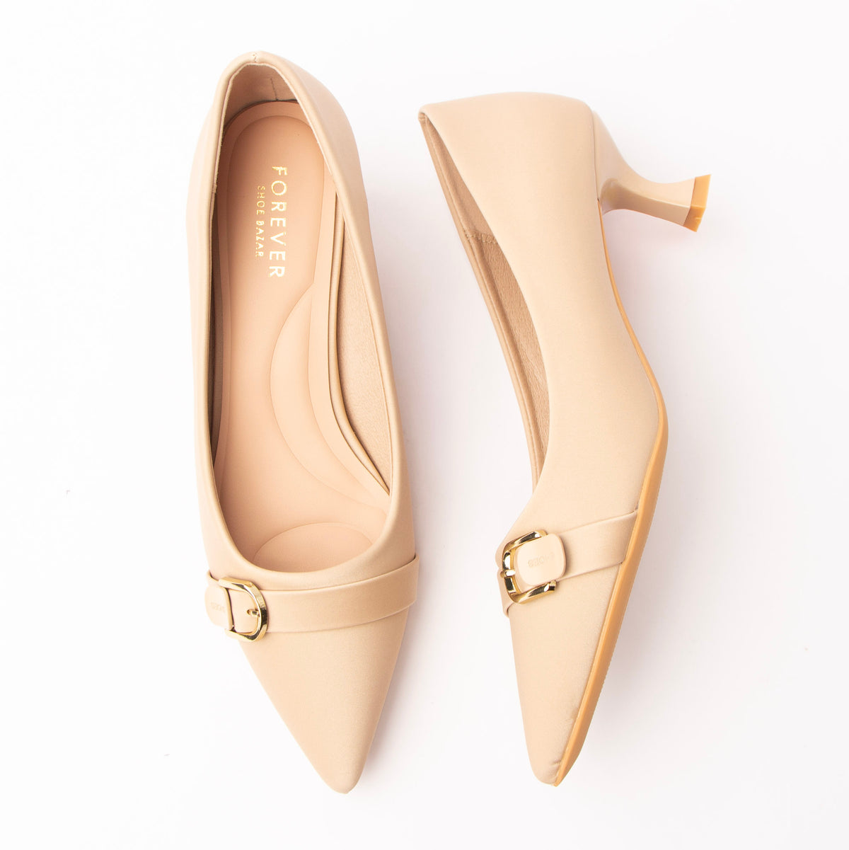 Khaki buckle kitten heels styled for everyday wear
