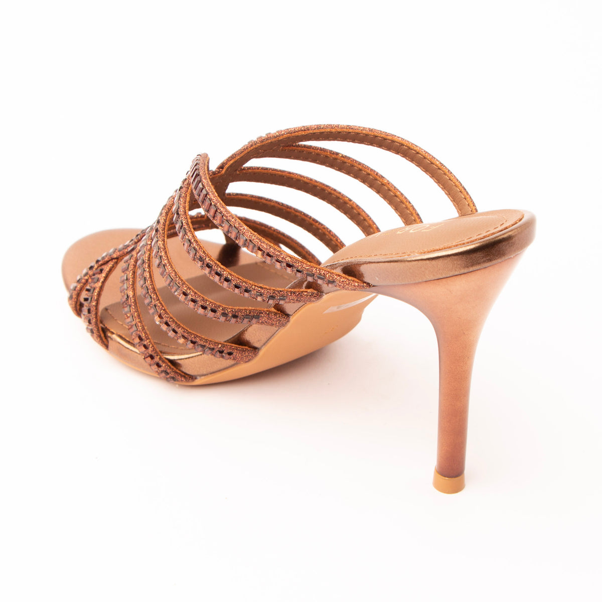 Brown mules for women, back view showing the heel