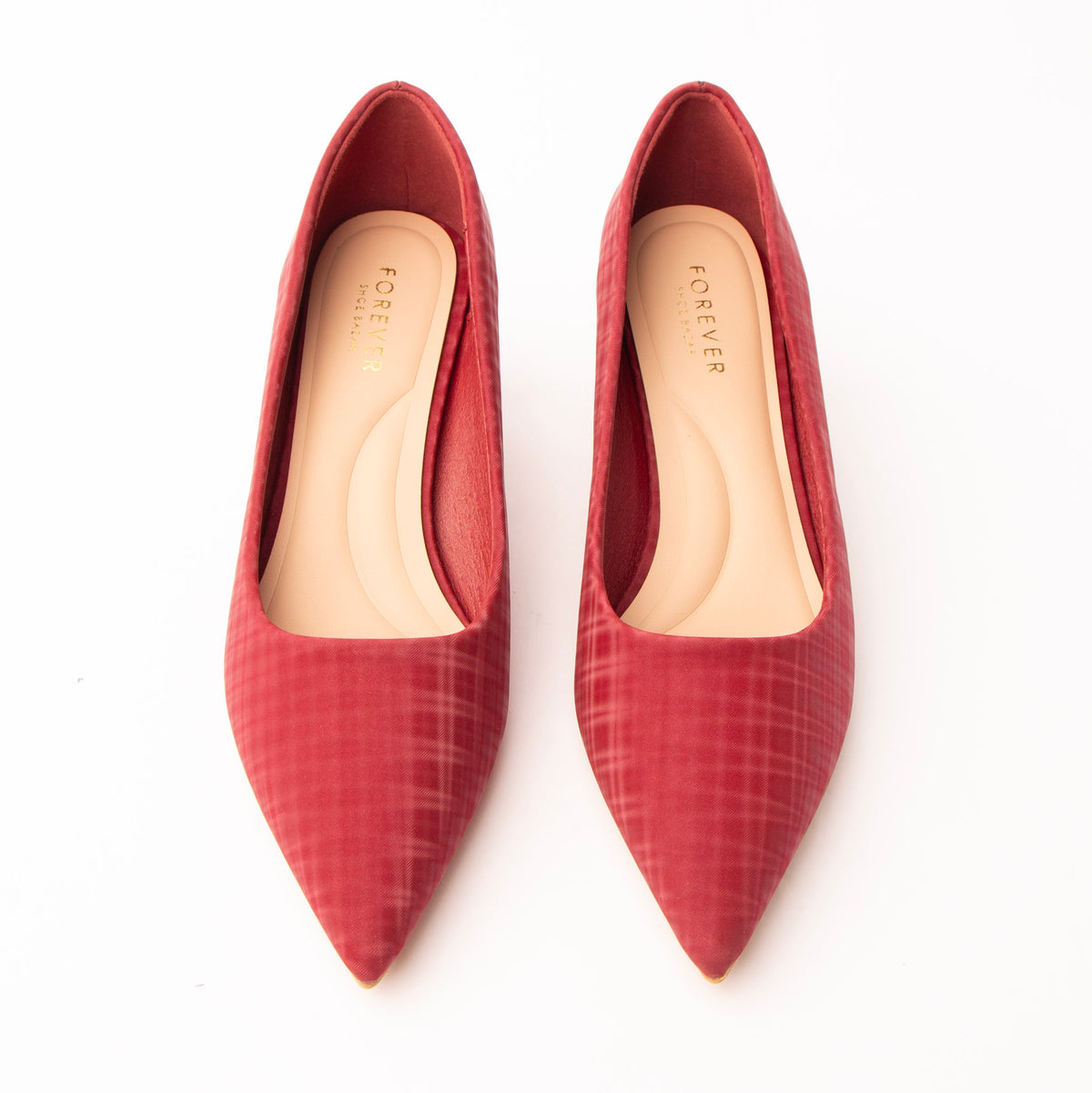 Maroon check print kitten heels styled for everyday wear