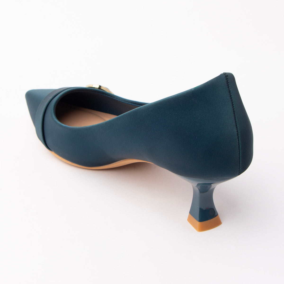 Blue buckle kitten heels for women, back view showing the heel