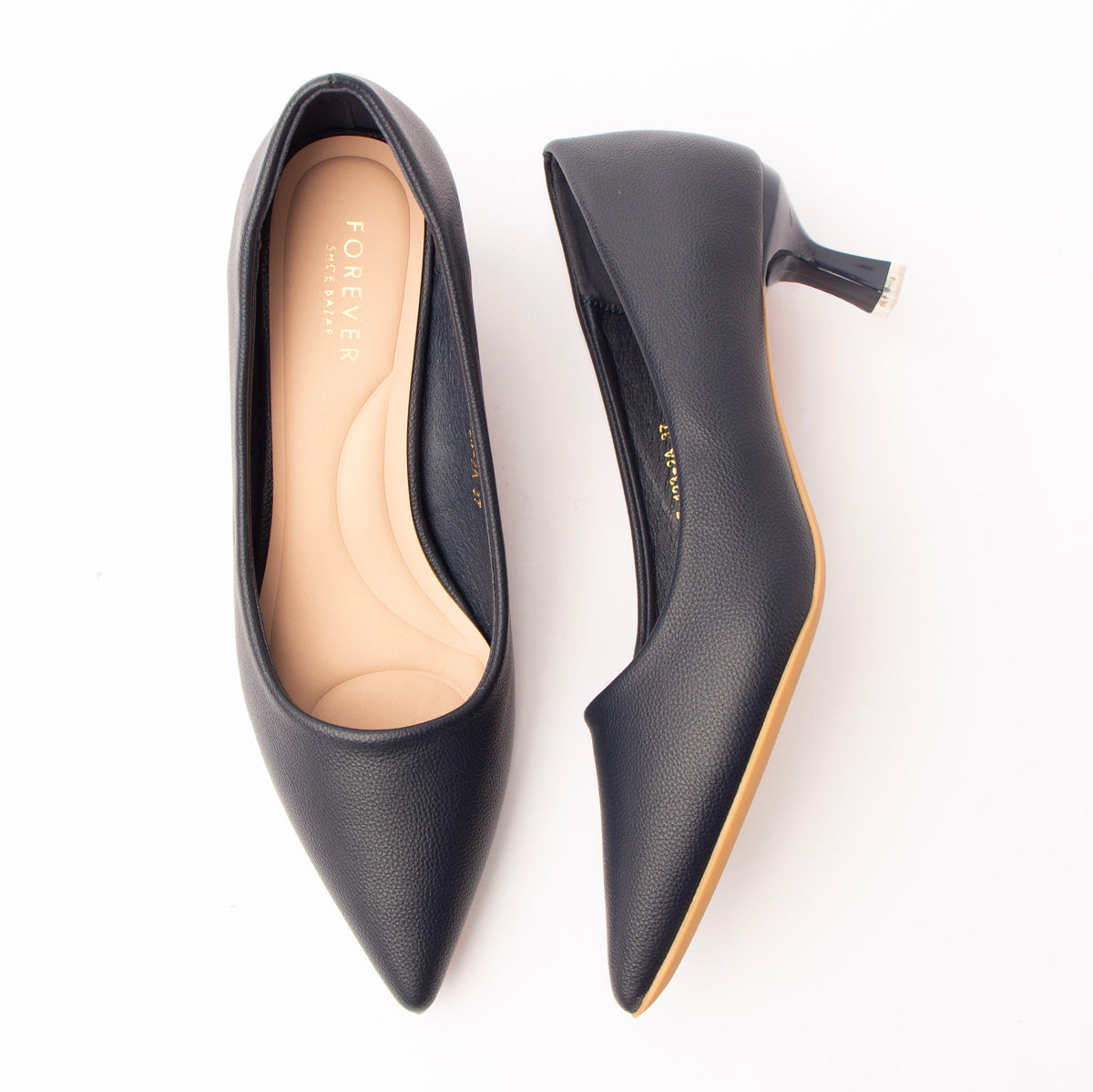 Navy blue pointed kitten heels for women with a cushioned footbed