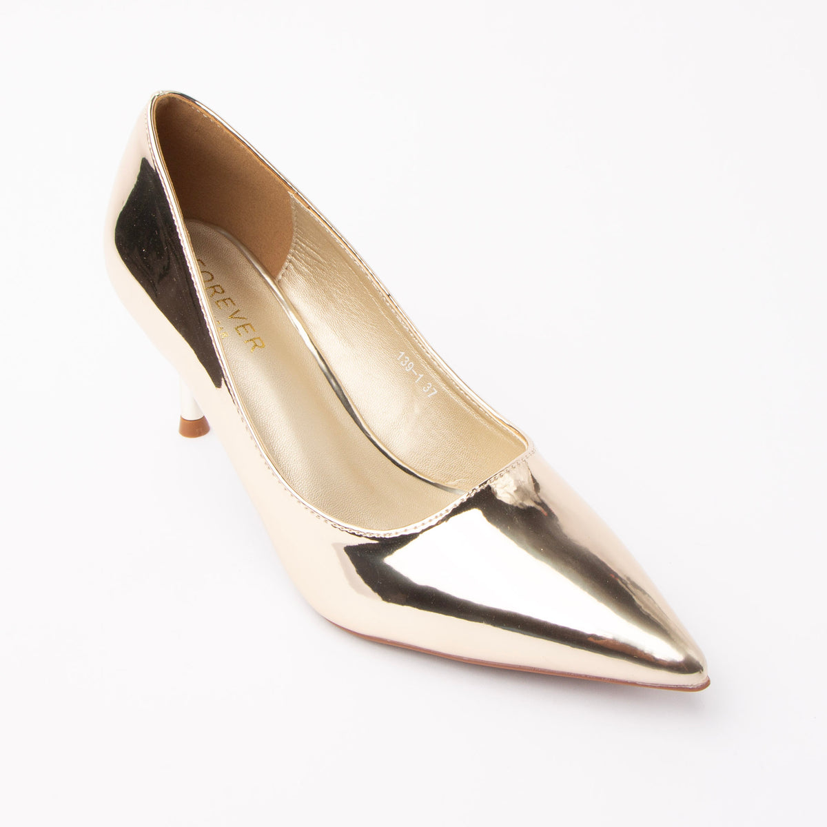 Gold pumps for women, three-quarter view