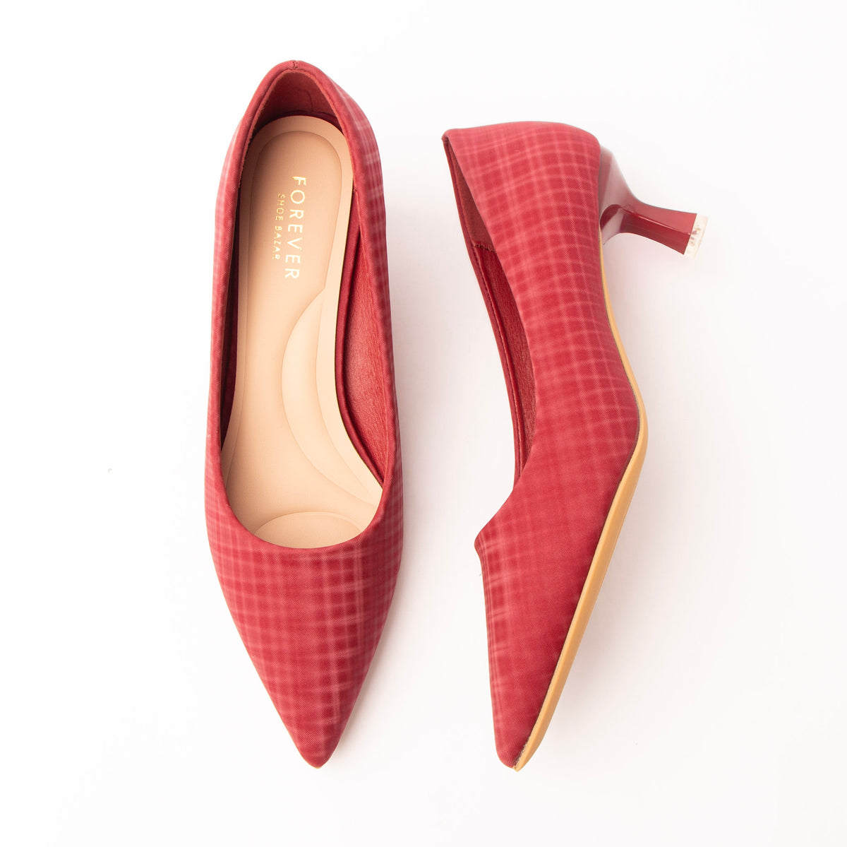 Maroon check print kitten heels for women with a cushioned footbed
