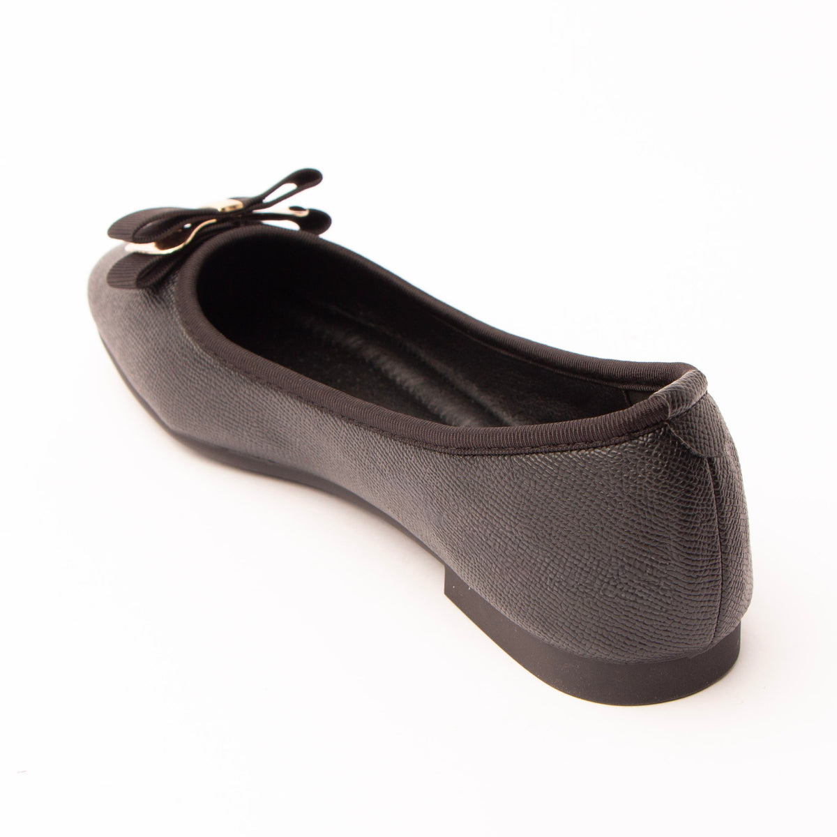 Black bow ballerina flats for women, back view showing the heel counter