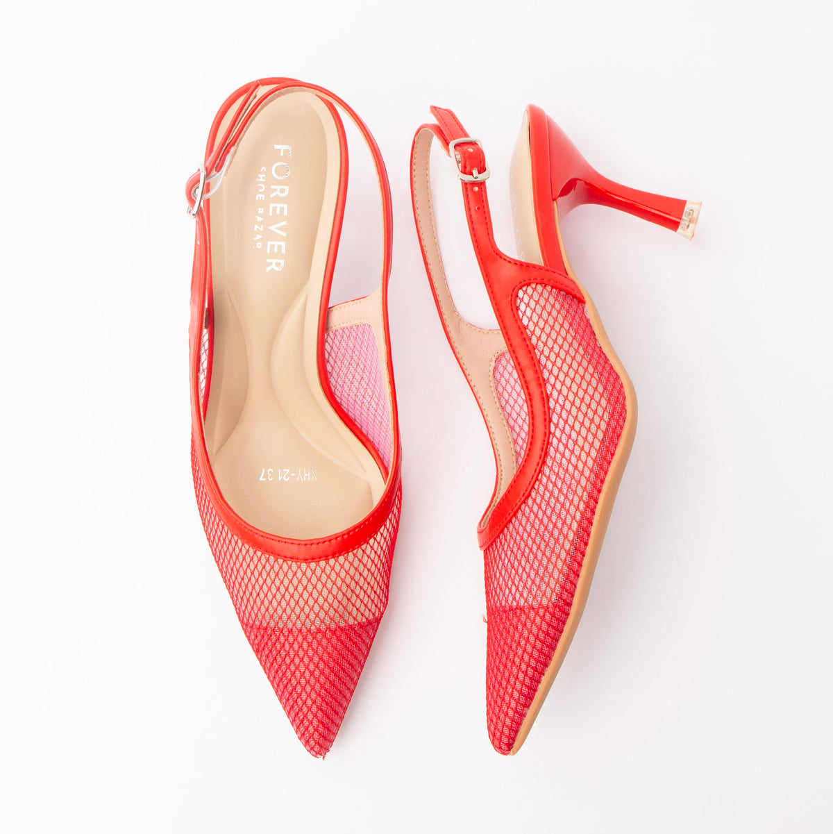 Red pumps for women, both shoes laid flat