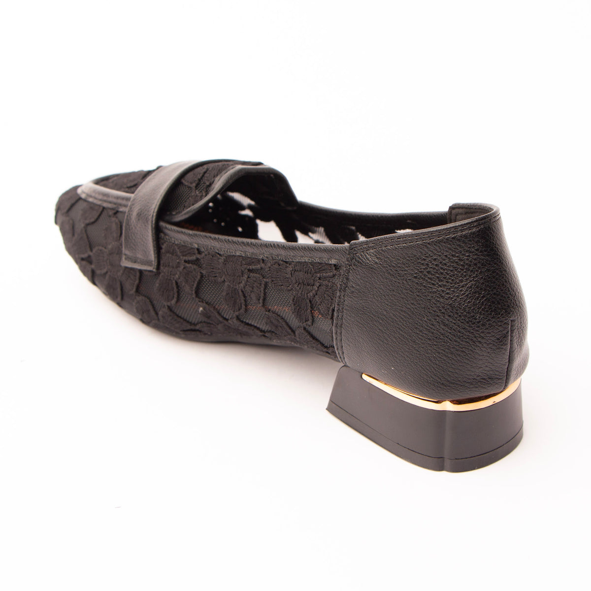 Black lace loafers for women, back view showing the heel