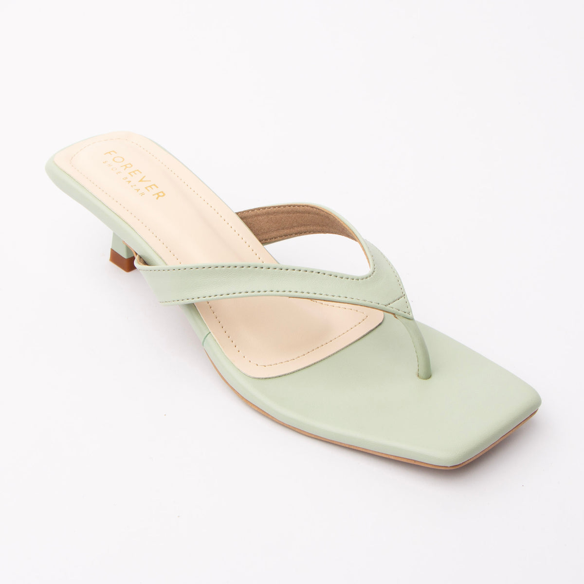 Green toe-post kitten heel mules for women, three-quarter view