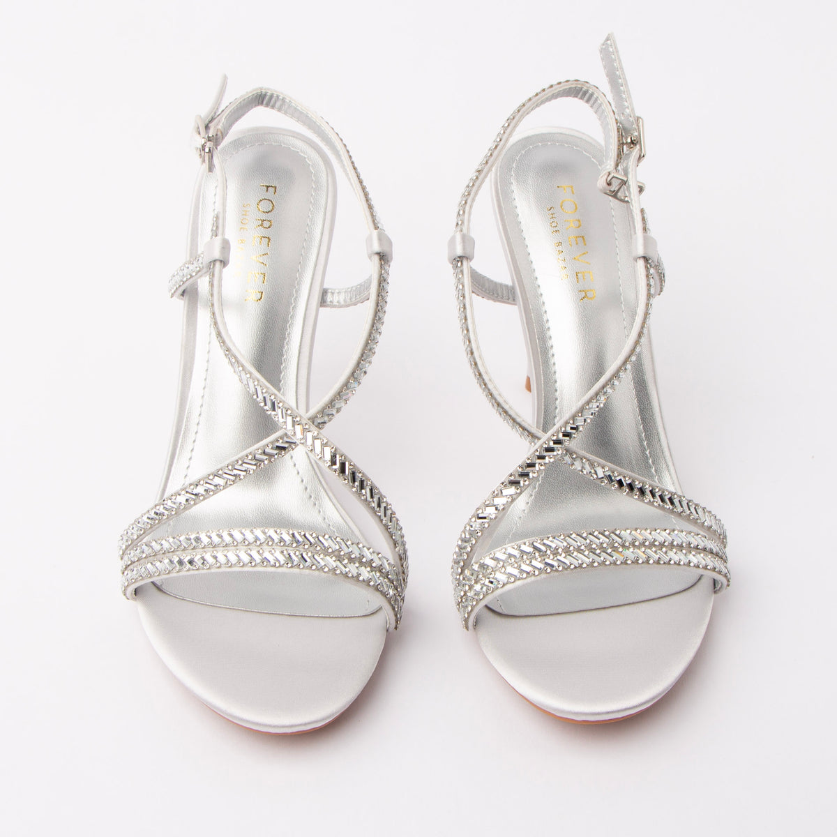Silver sandals for women, both shoes from the front