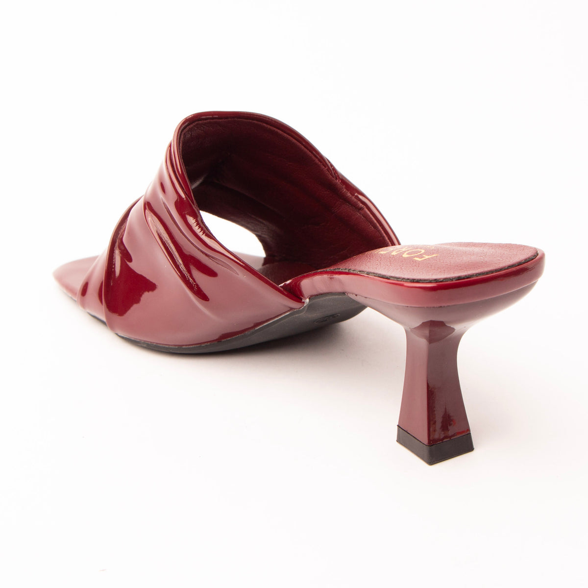 Maroon patent mules for women, back view showing the heel