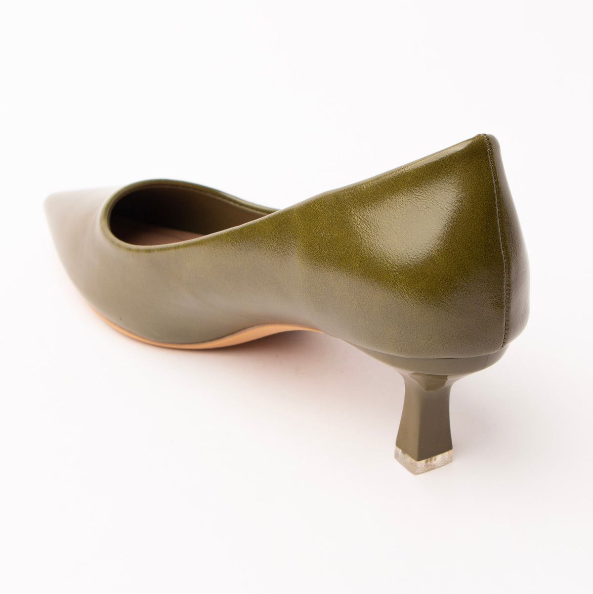Green pointed court shoes for women, back view showing the heel