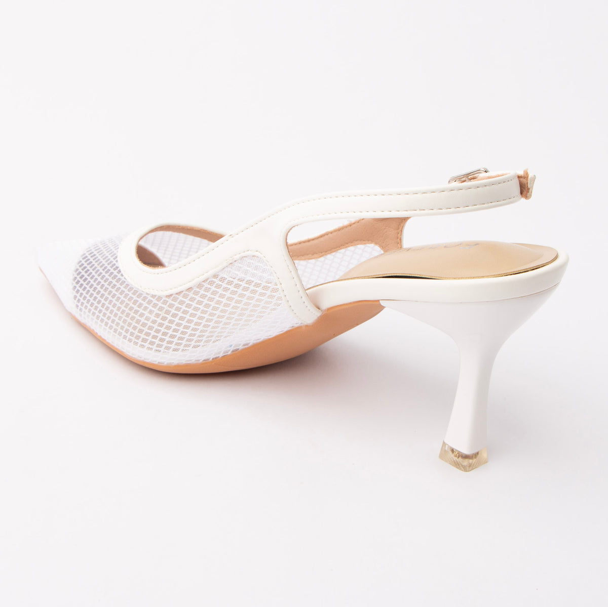 White pumps for women, back view showing the heel