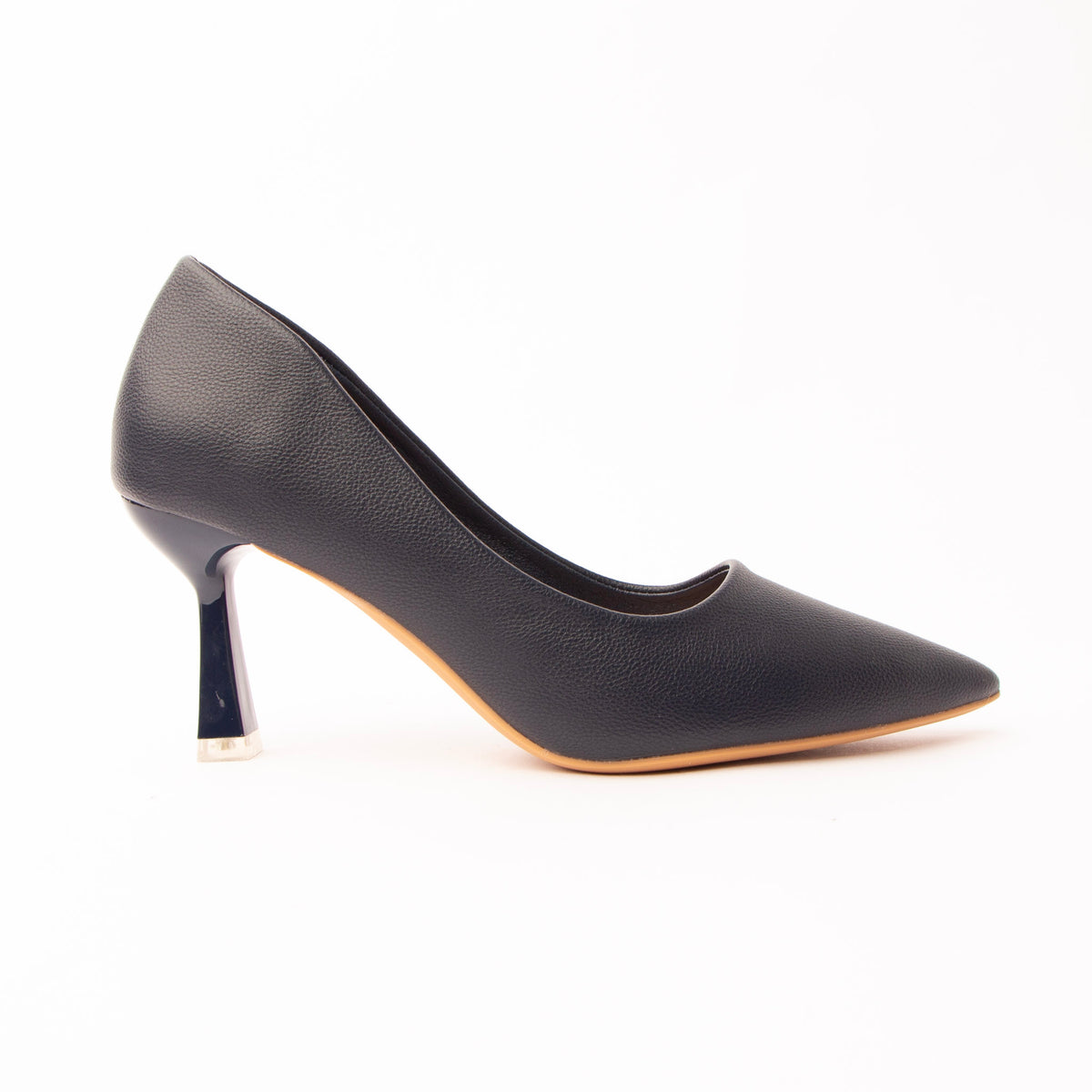The Sculpted - Navy Blue Casual Heel, a one-piece inky navy pebble-grain upper running seamless from a long tapered point to a closed heel, on a slender flared heel capped in polished silver