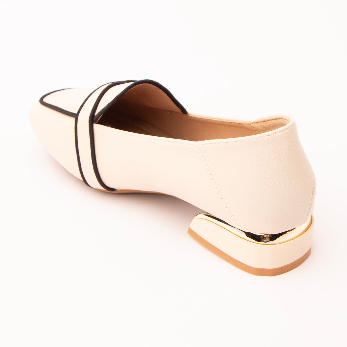 Beige piped block heel loafers for women, back view showing the heel