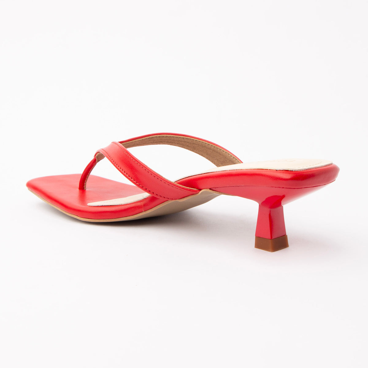 Red toe-post kitten heel mules for women, back view showing the heel