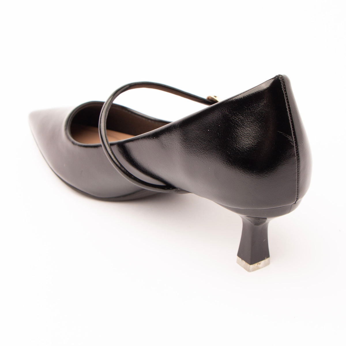 Black mary jane kitten heels for women, back view showing the heel