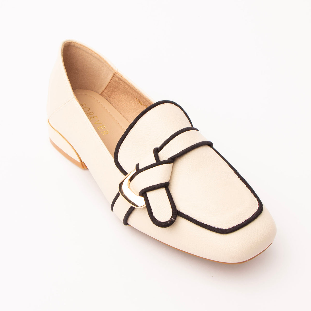 Beige piped block heel loafers for women - Forever Shoe Bazar