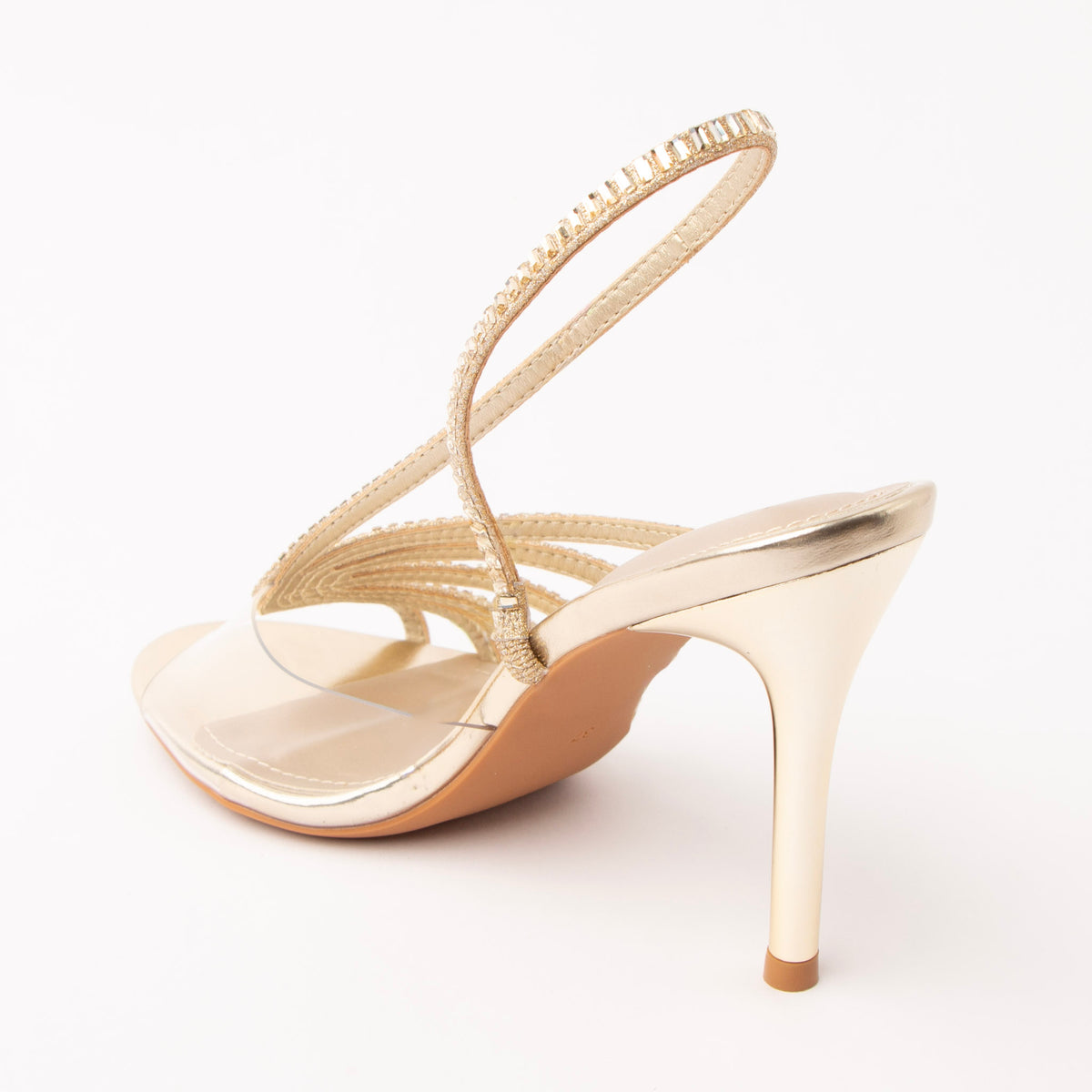 Gold sandals for women, back view showing the heel