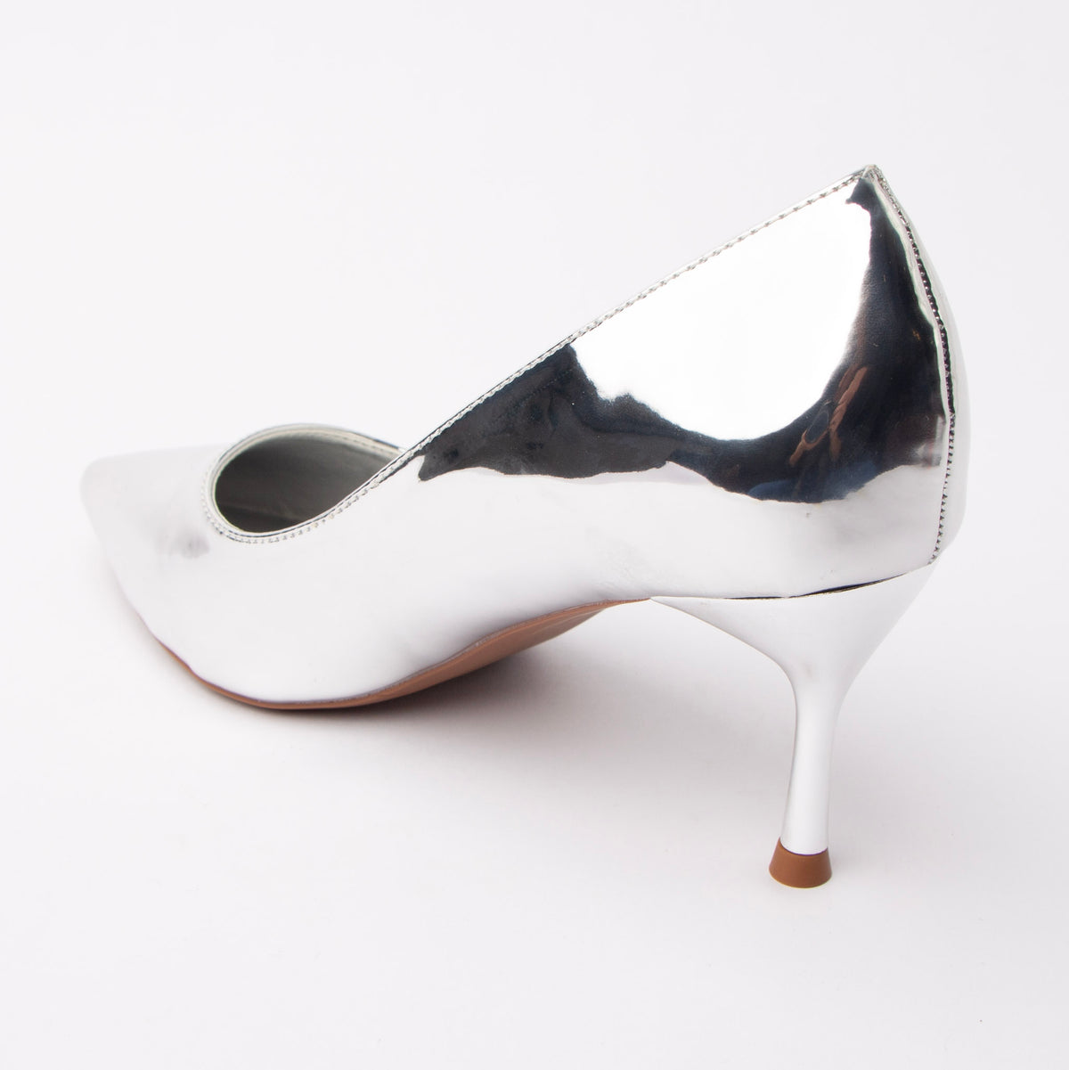 Silver pumps for women, back view showing the heel