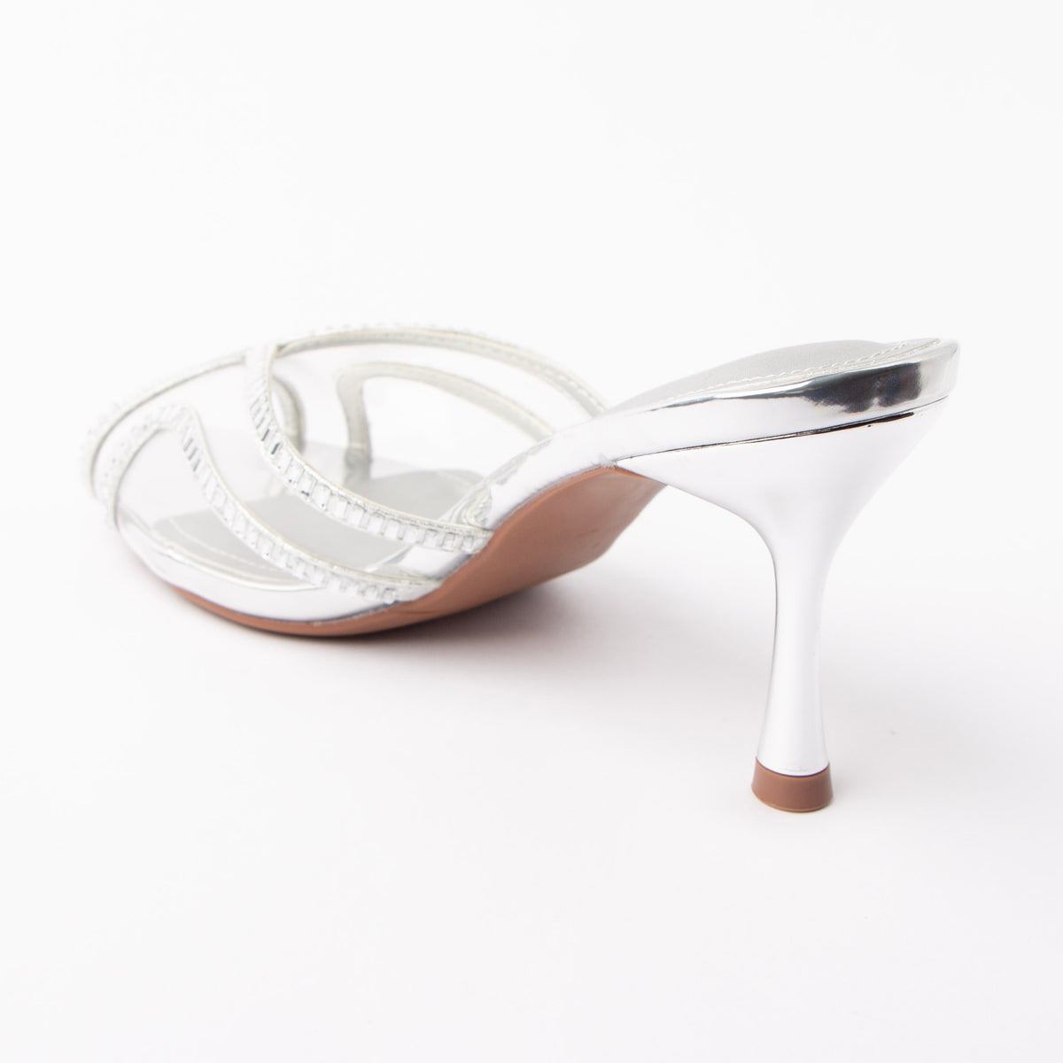 Silver mules for women, back view showing the heel