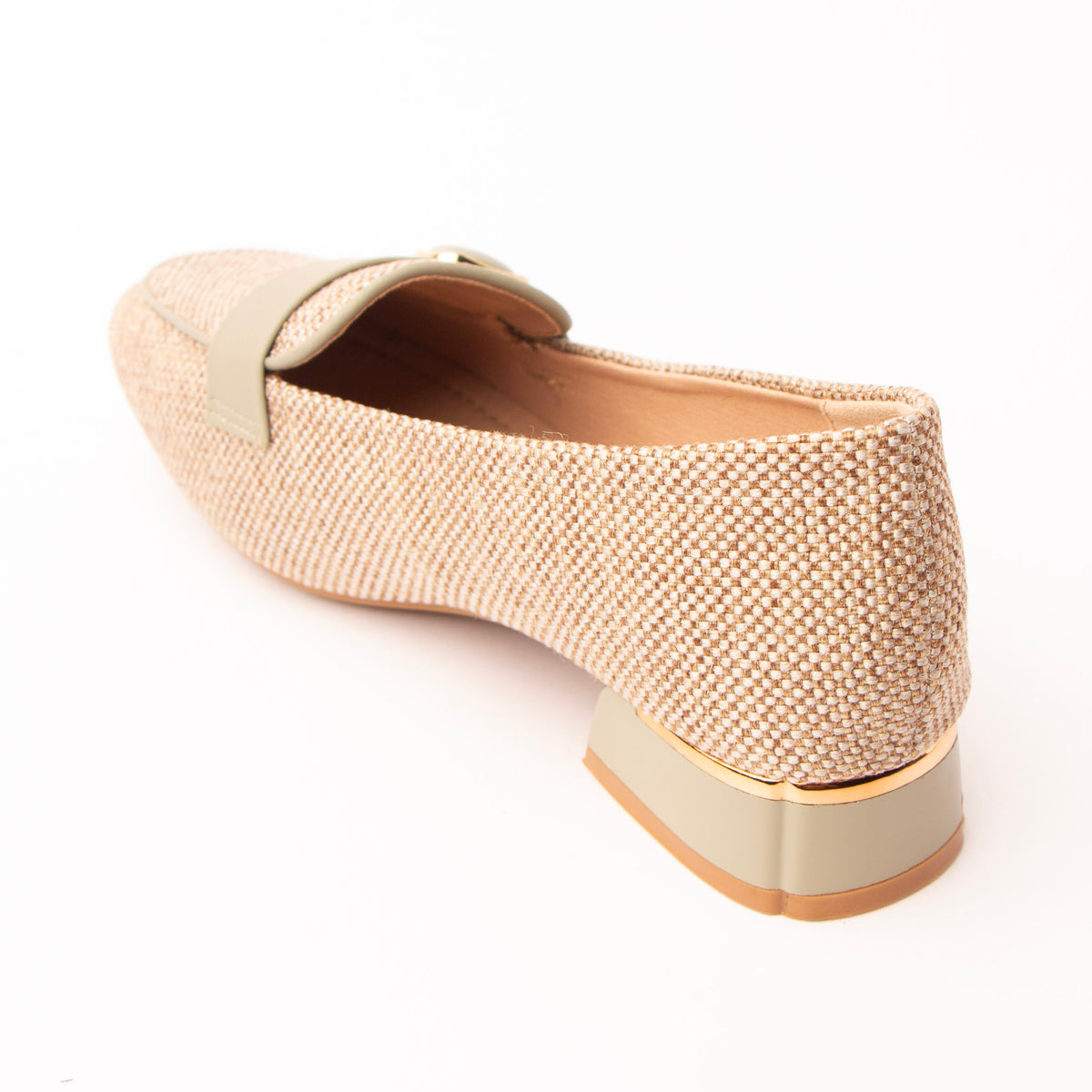 Green woven loafers for women, back view showing the heel