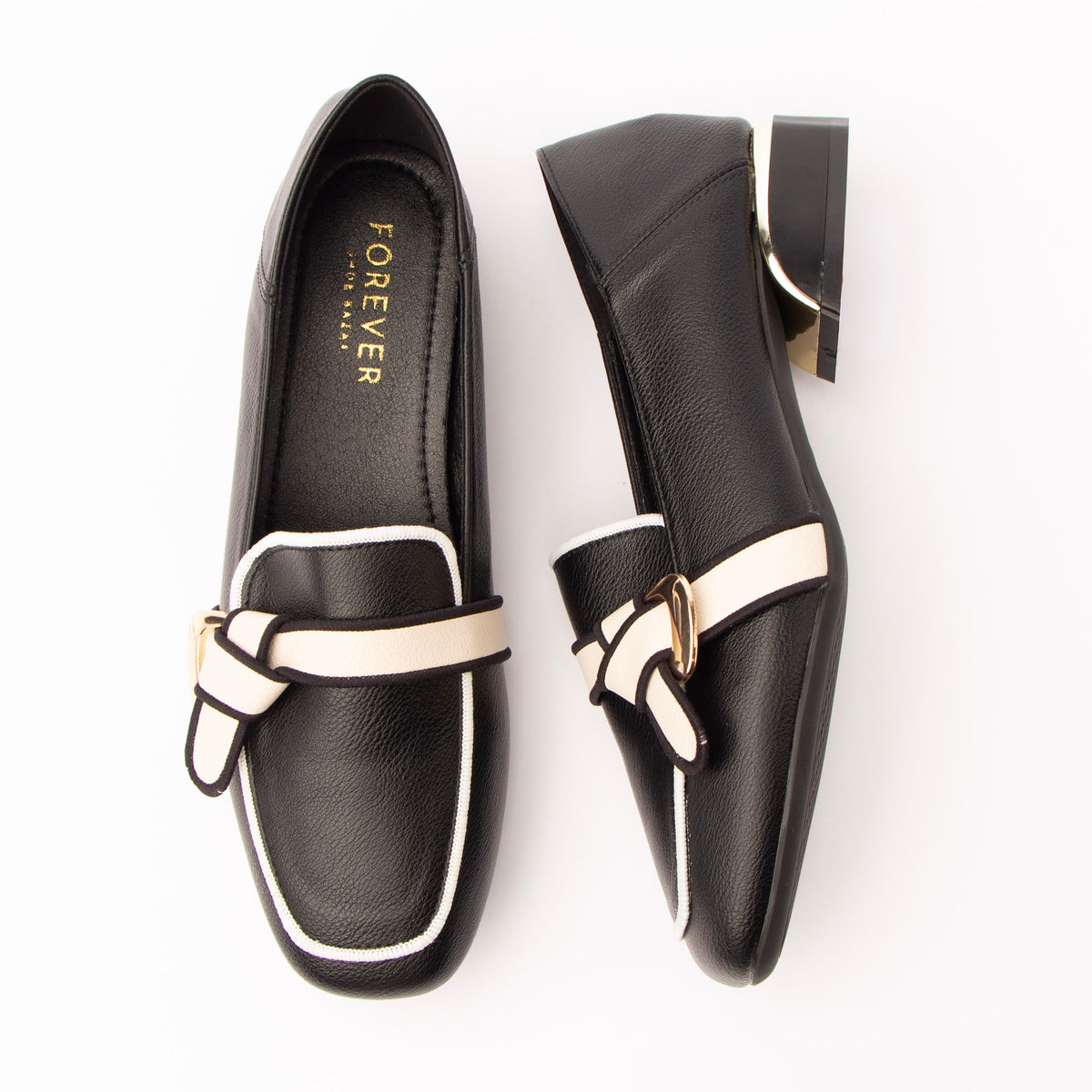 Black piped block heel loafers for women with a cushioned footbed