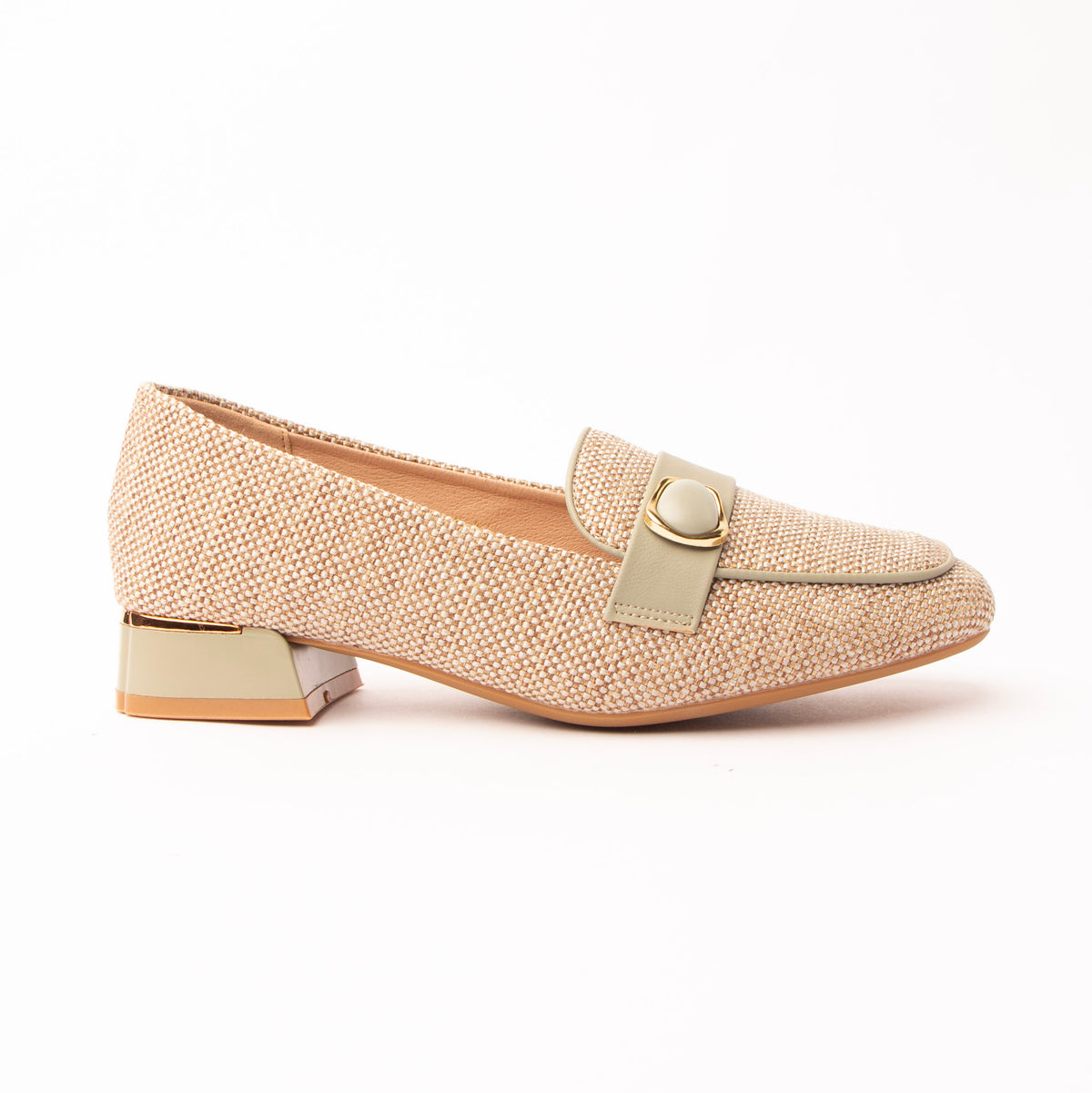 Green woven loafers for women, a natural oat basketweave upper trimmed in soft sage leather, with a matching sage cabochon set in an oval gold bezel across the vamp and a low sage block heel collared in gold over a blush-nude footbed