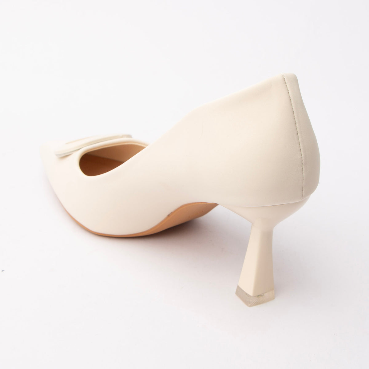 Beige buckle court shoes for women, back view showing the heel